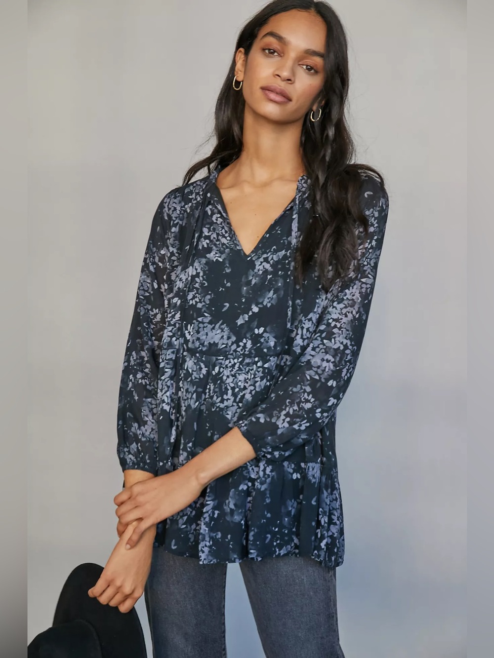 NWT Anthropologie Cloth & Stone Taryn Tunic Top Black Gray M Medium